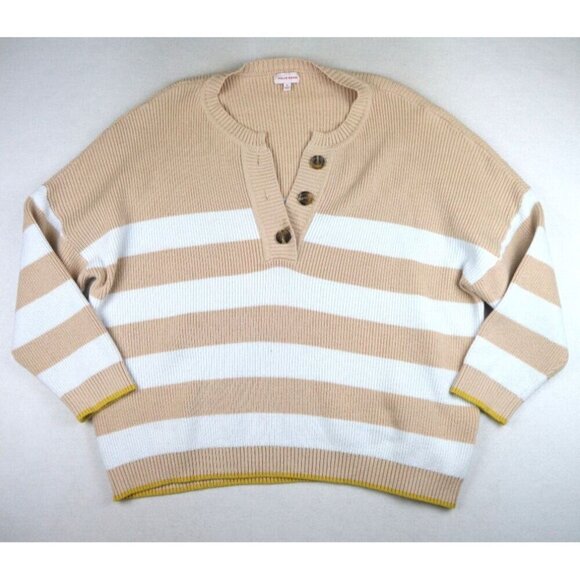 MOLLY & ISADORA - WOMEN'S BEIGE & WHITE STRIPED PULLOVER HENLEY SWEATER - 5X - Picture 1 of 5
